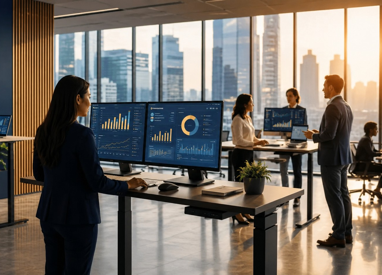 Modern South African workplace: diverse team reviewing live workforce intelligence dashboards with city skyline