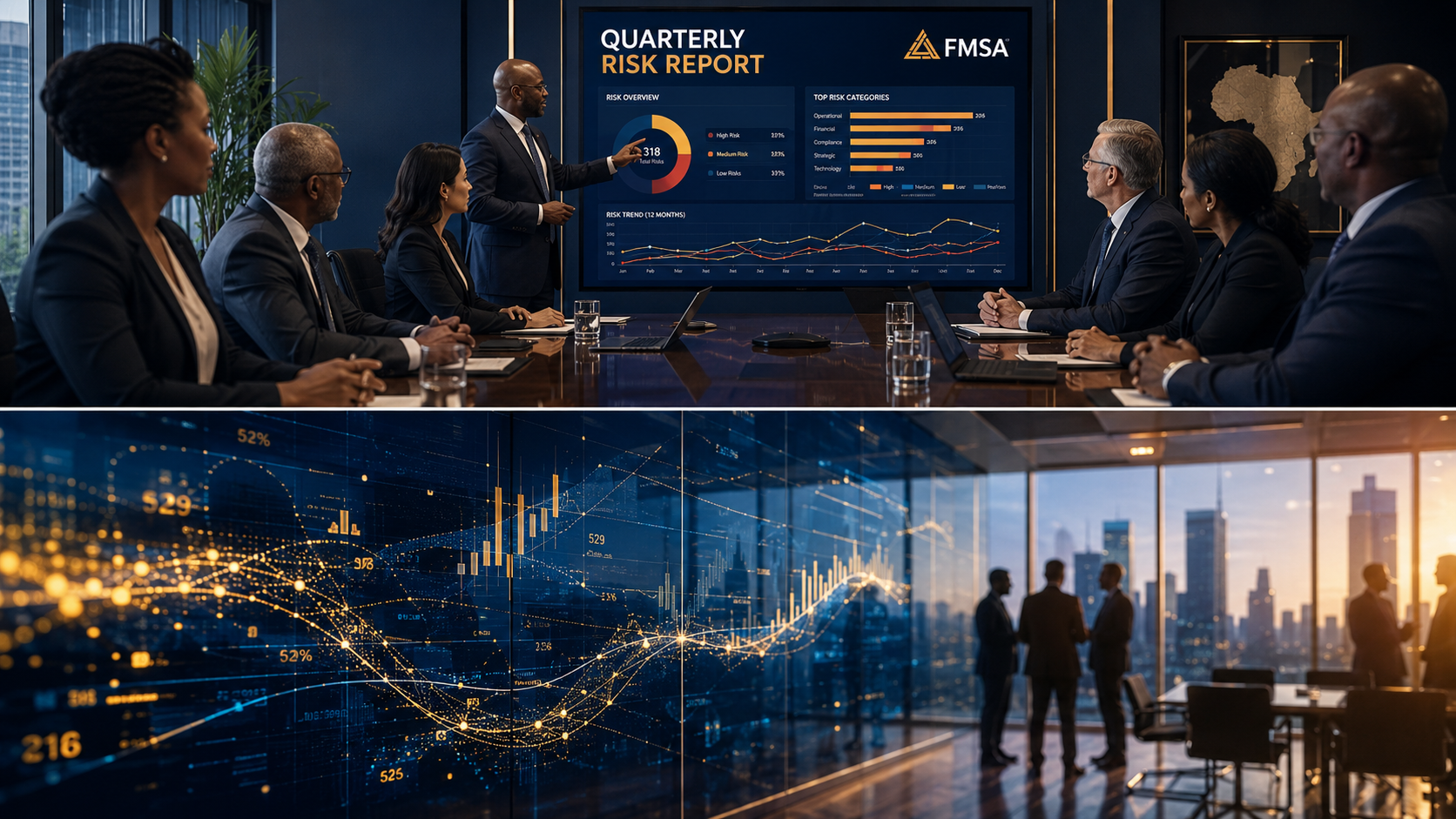 RiskAnalytix: Quarterly risk report presented to South African executive board, data visualisation flowing across glass